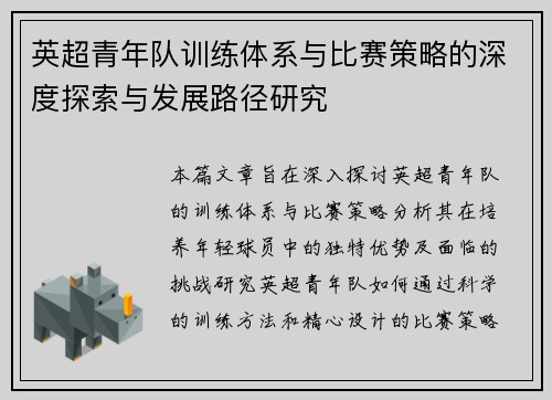 英超青年队训练体系与比赛策略的深度探索与发展路径研究