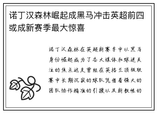 诺丁汉森林崛起成黑马冲击英超前四或成新赛季最大惊喜 诺丁汉森林崛起成黑马冲击英超前四或成新赛季最大惊喜