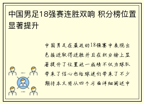 中国男足18强赛连胜双响 积分榜位置显著提升 中国男足18强赛连胜双响 积分榜位置显著提升