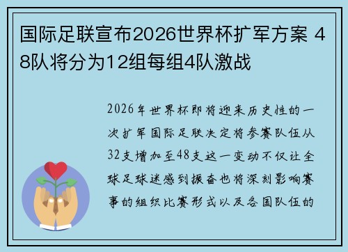 国际足联宣布2026世界杯扩军方案 48队将分为12组每组4队激战 国际足联宣布2026世界杯扩军方案 48队将分为12组每组4队激战